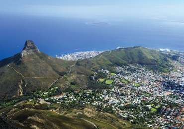 Aerial view of Cape Town South Africa with Lion’s Head, Table Mountain and Atlantic coastline