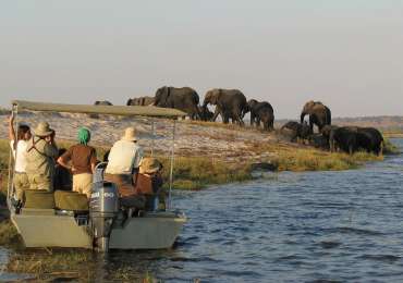 Boat safari on the Chobe River with elephants along the shoreline in Botswana during Africa river cruise